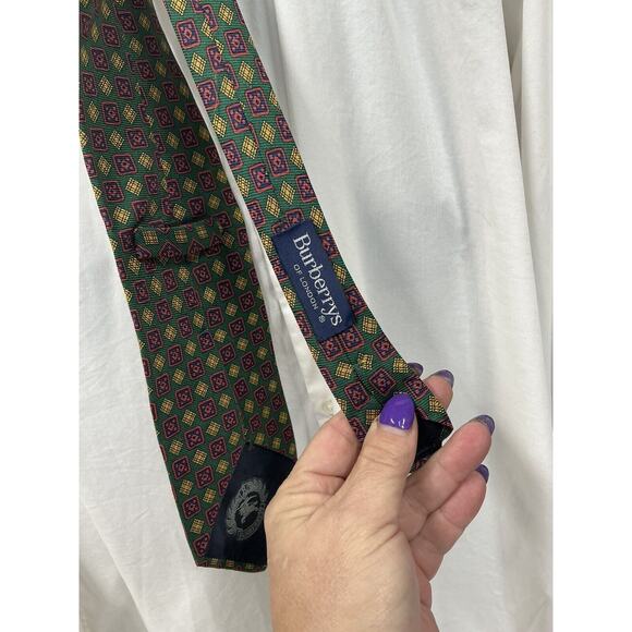 Vintage Burberrys Of London Tie Silk Green Red Gold‎ Geometric Print - Picture 5 of 7